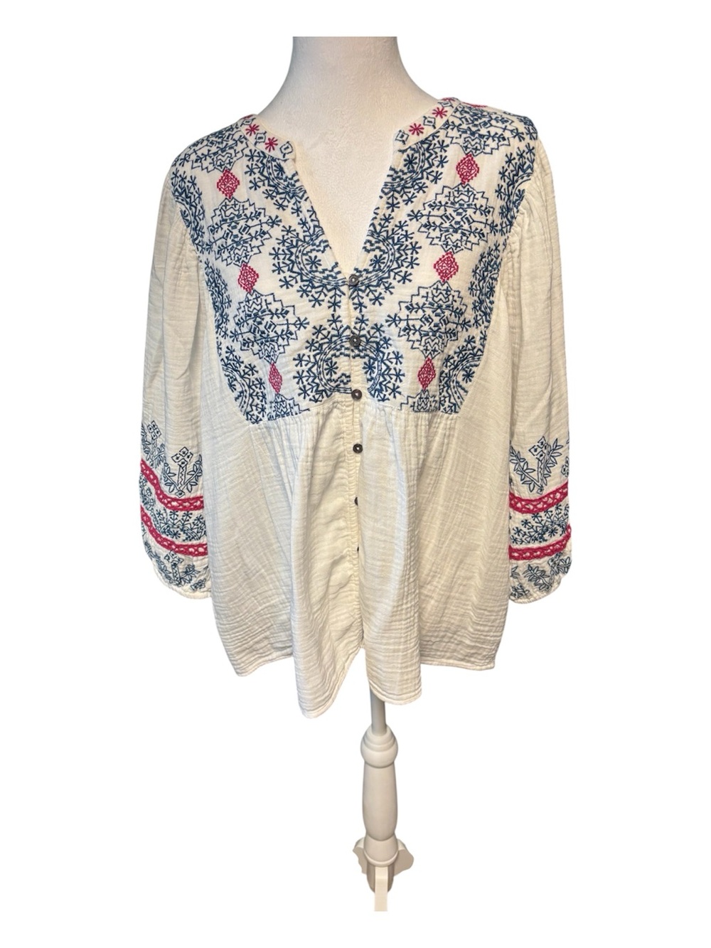 Sundance Cream Peasant Tunic with Blue & Pink Floral Embroidery